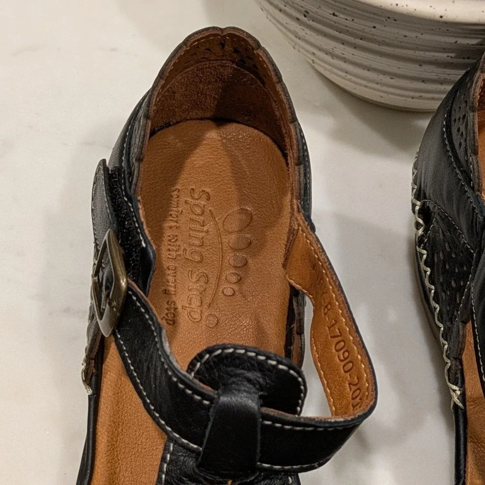 Spring Step Patrizia Airy Wedge Leather T-Strap Flats Black Laser Cut Comfort